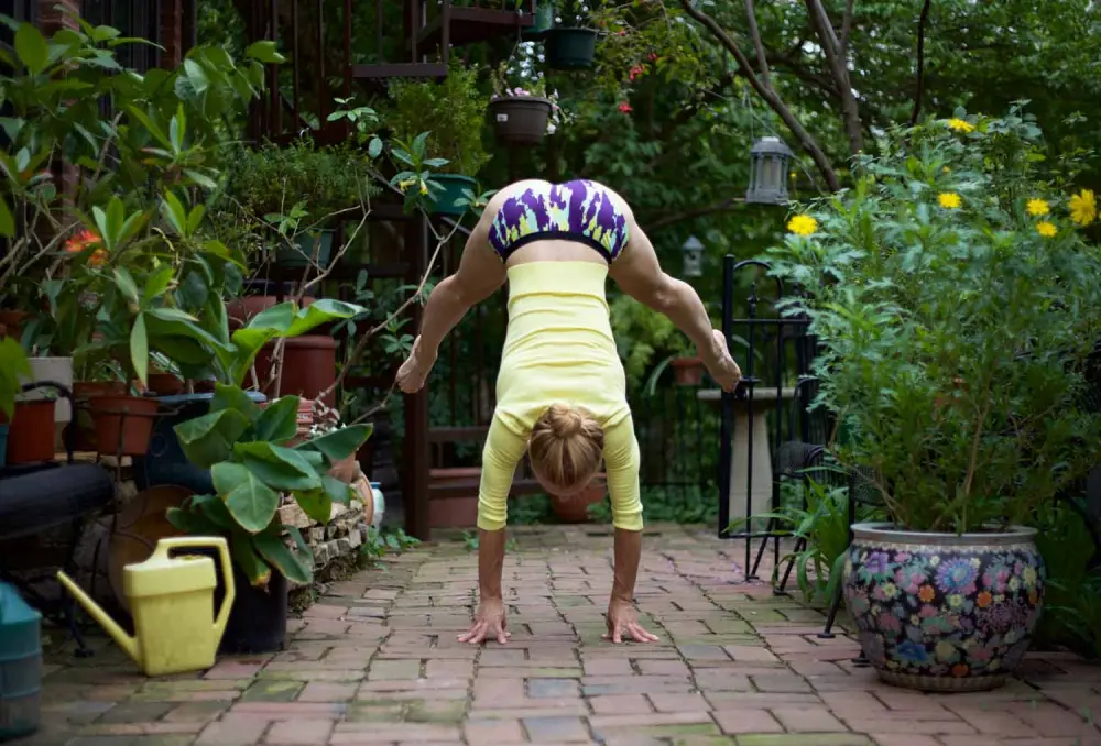 MeUndies Earth Day: forward fold on the brick path